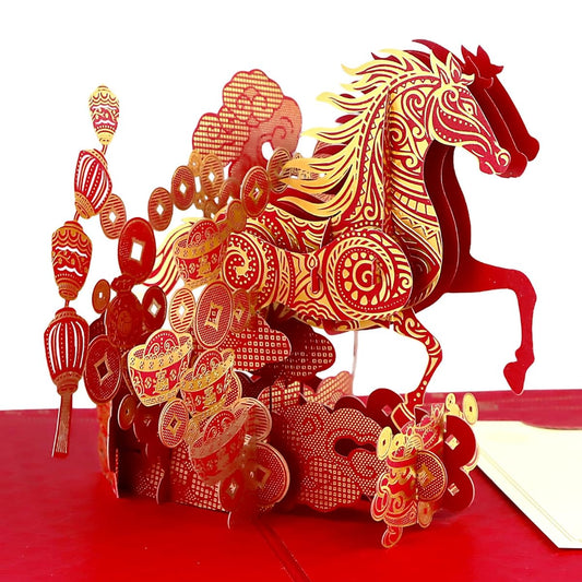 3D Year of the Horse Pop-Up Card, Red & Gold Lunar New Year Greeting Card