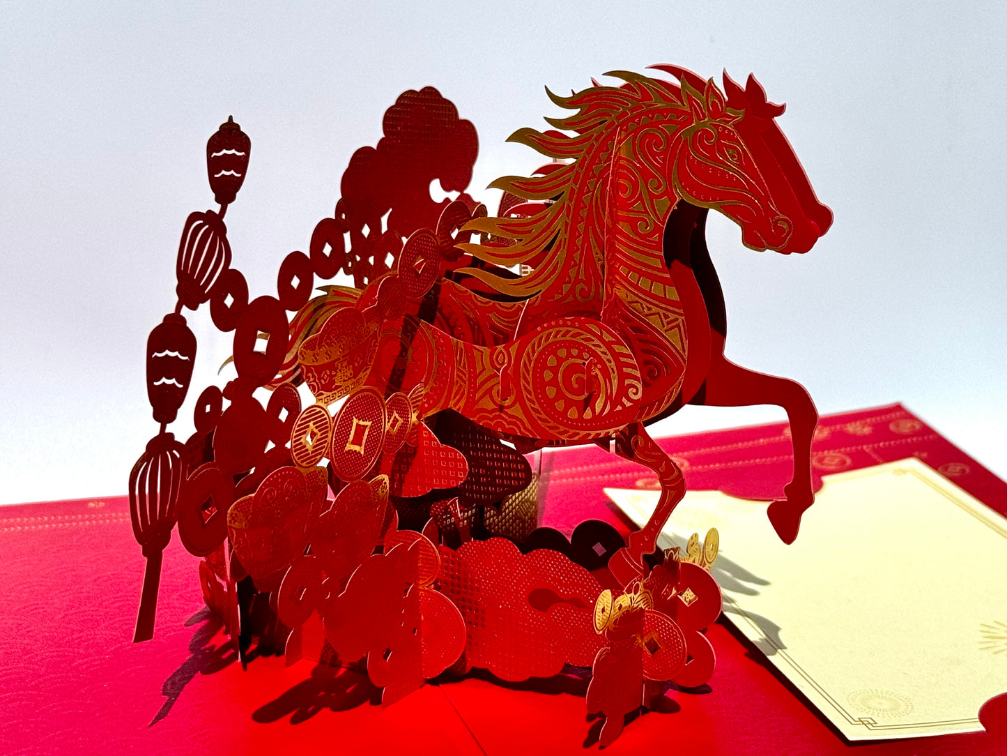 3D Year of the Horse Pop-Up Card, Red & Gold Lunar New Year Greeting Card