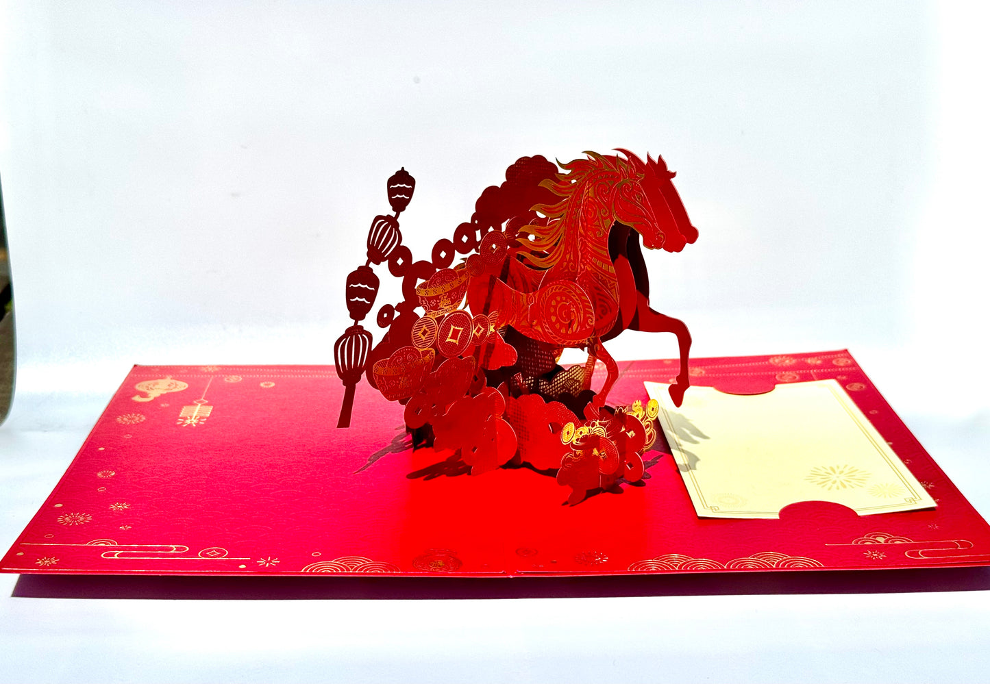 3D Year of the Horse Pop-Up Card, Red & Gold Lunar New Year Greeting Card