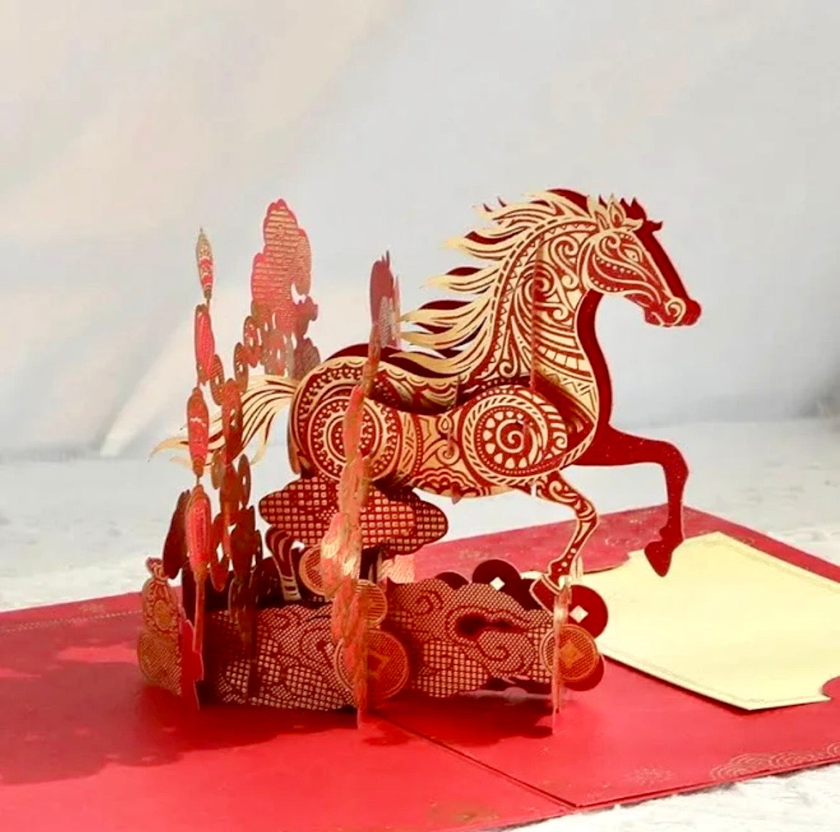 3D Year of the Horse Pop-Up Card, Red & Gold Lunar New Year Greeting Card